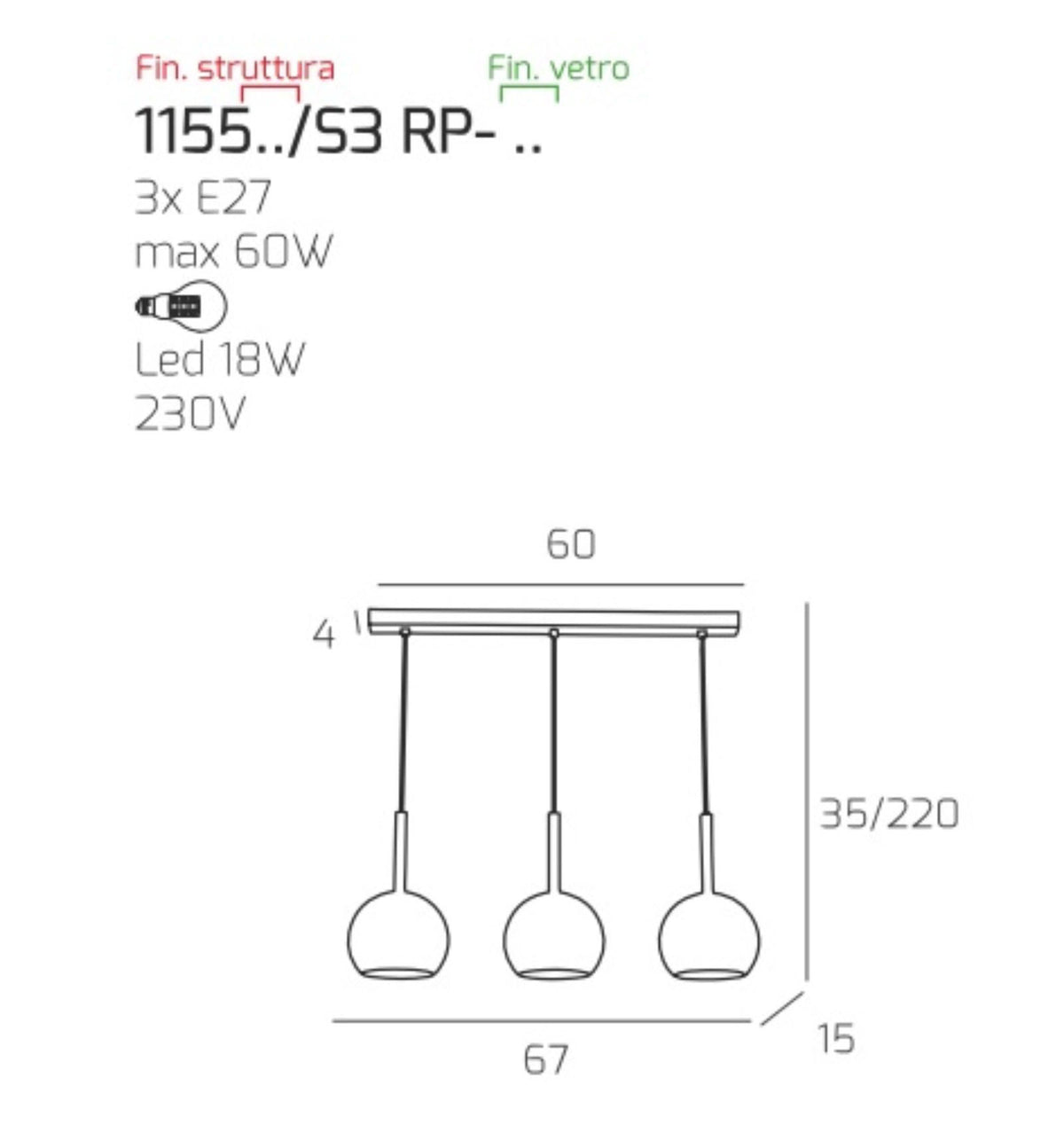 Future lampadario 3 sfere trasparente cromato Top Light E27 60W soggiorno
