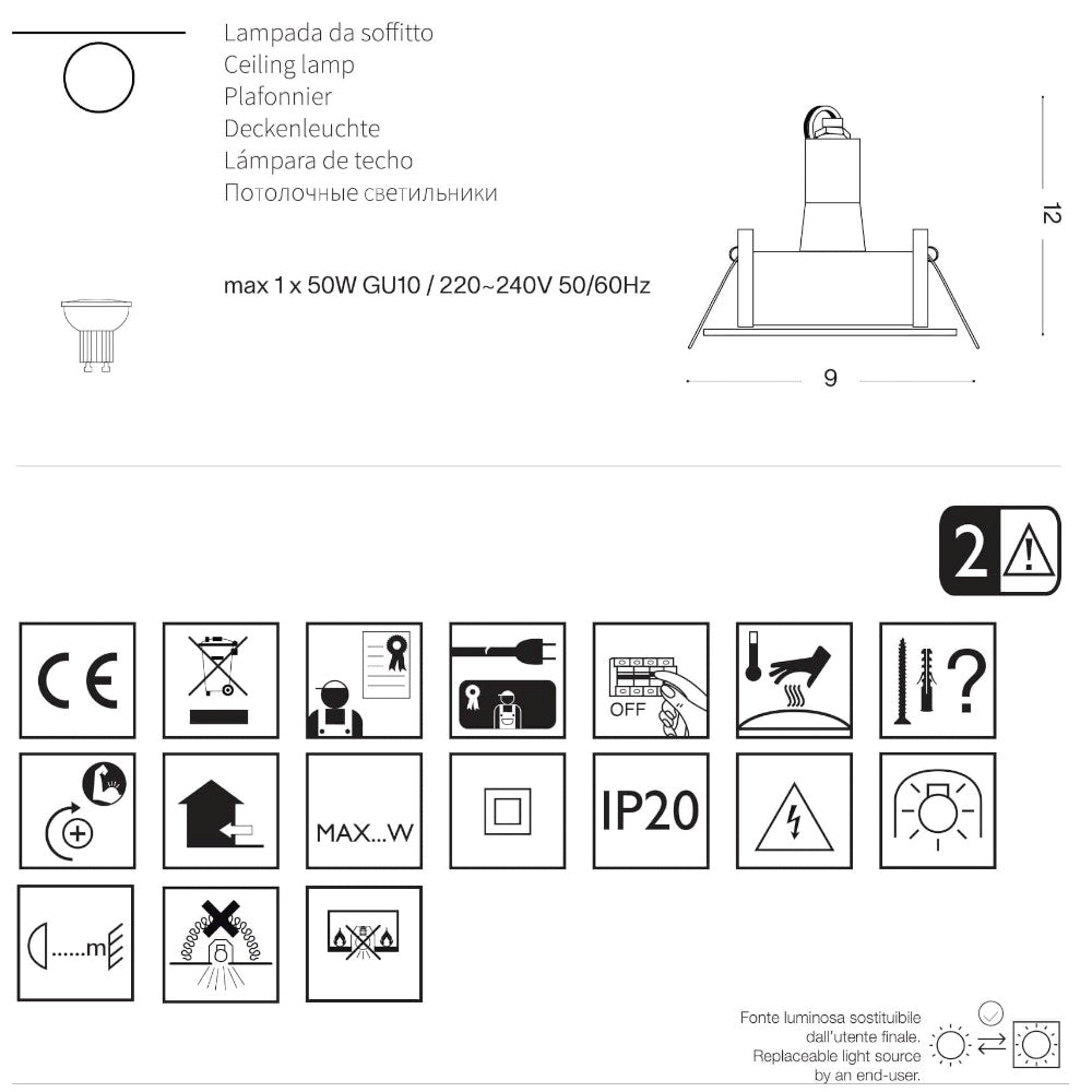 Faretto quadrato da incasso grigio nero Ideal Lux 10W GU10 IP20