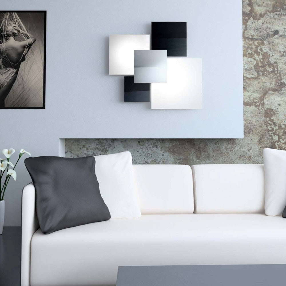 Shadow plafoniera salotto bianco nero Top Light E27 60W 4 vetri placca cromo 71 cm