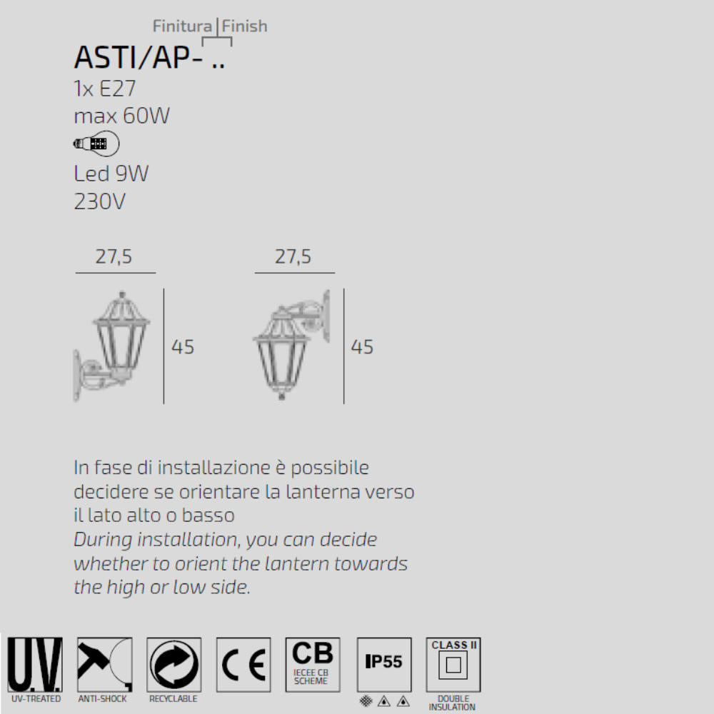 Asti applique da esterno lanterna bianco Top Light E27 9W IP55