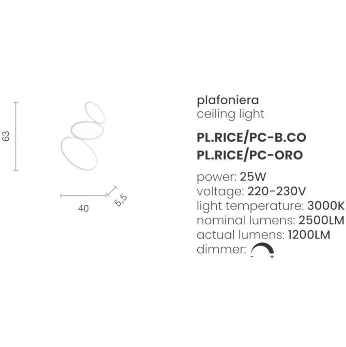 Rice Ondaluce plafoniera LED moderna con cerchi luminosi Oro 3000K