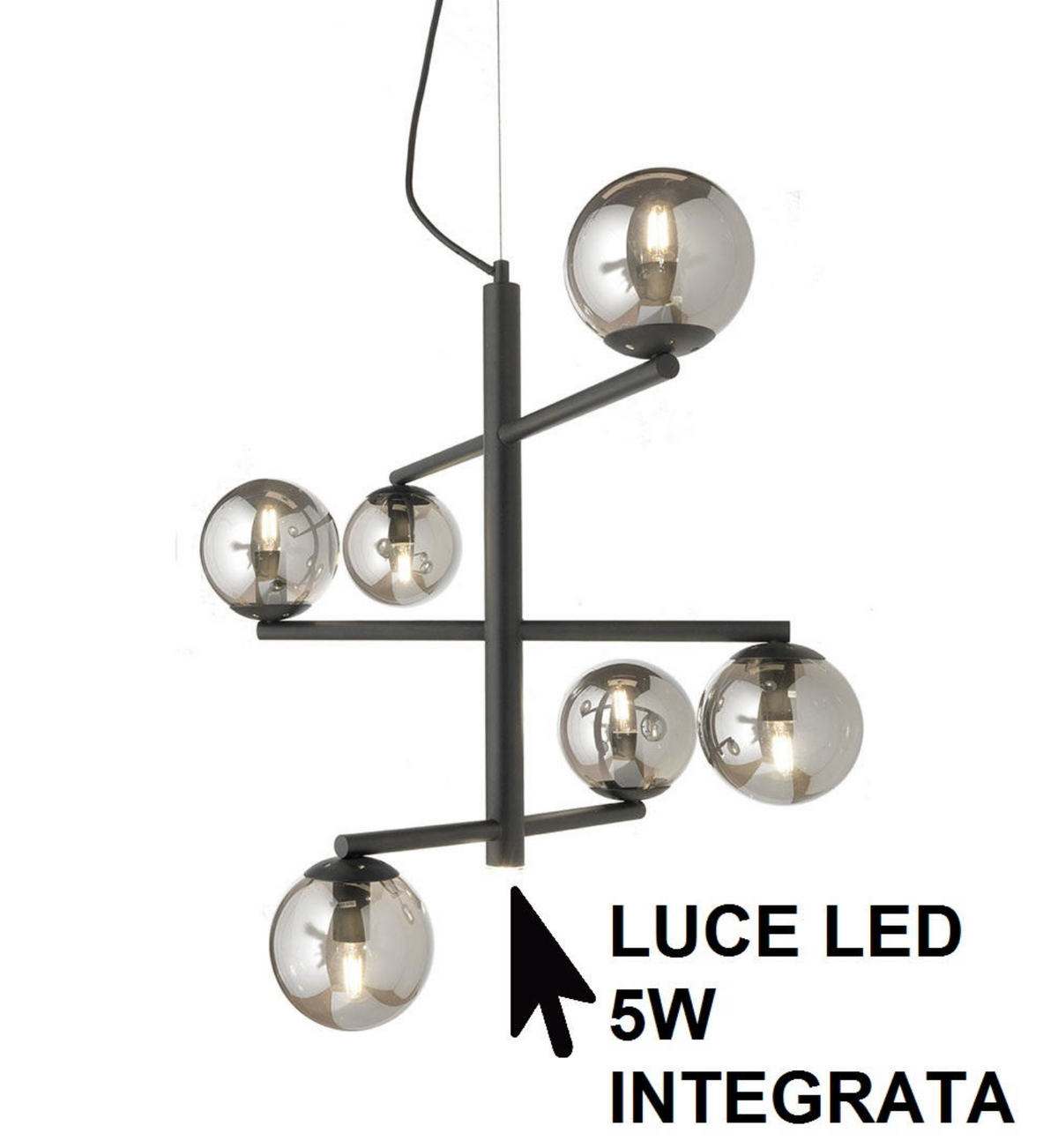 Gizah Ondaluce lampadario sospensione 6 bracci sfere vetro nero 3000K