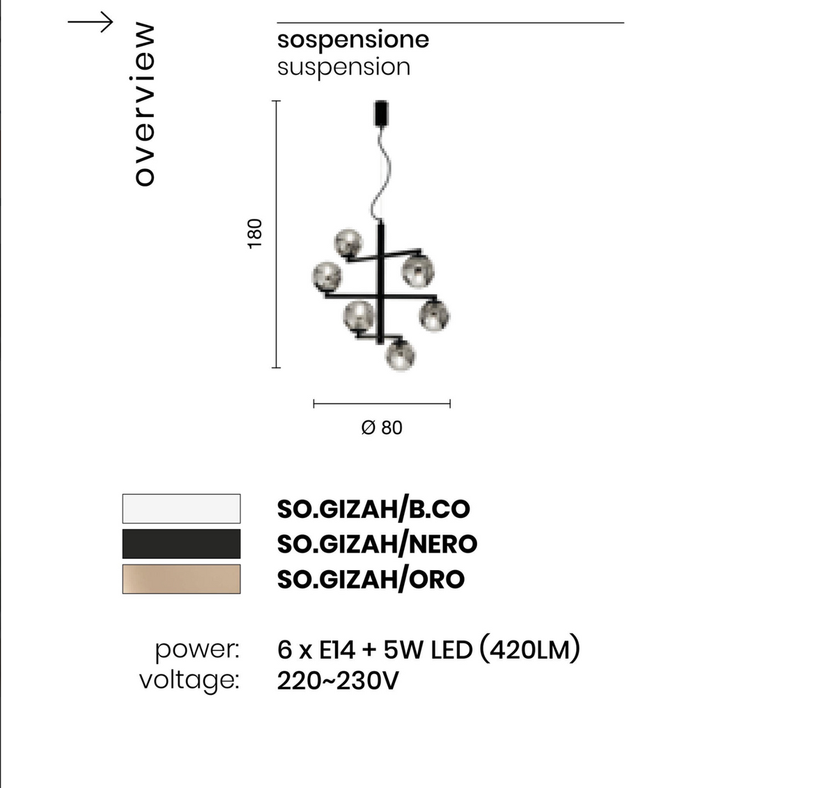 Gizah Ondaluce lampadario sospensione 6 bracci sfere vetro nero 3000K