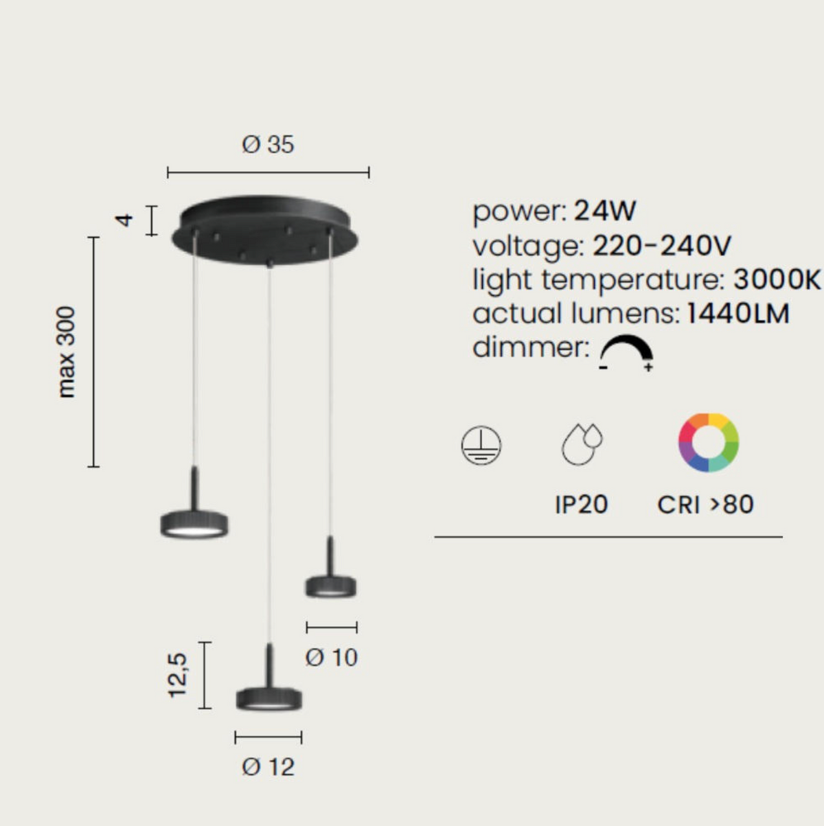 Nina Ondaluce lampadario cucina sospensione 3 luci LED nero 3000K dimmerabile