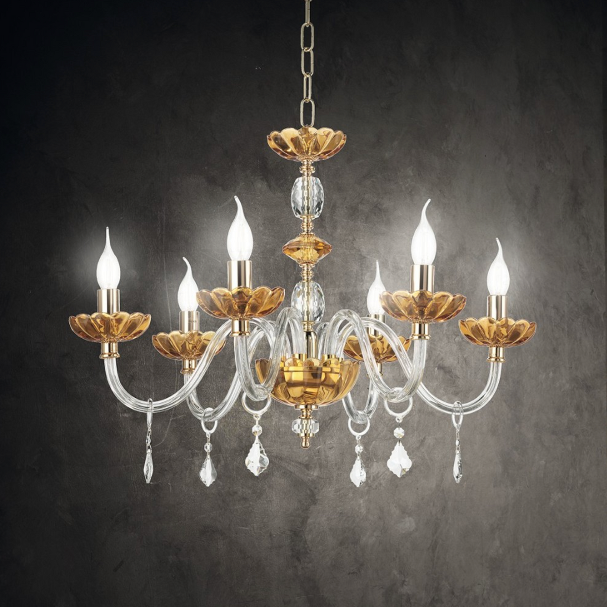 Patricia 6 Ondaluce lampadario classico 6 bracci vetro ambra cristallo E14 salotto