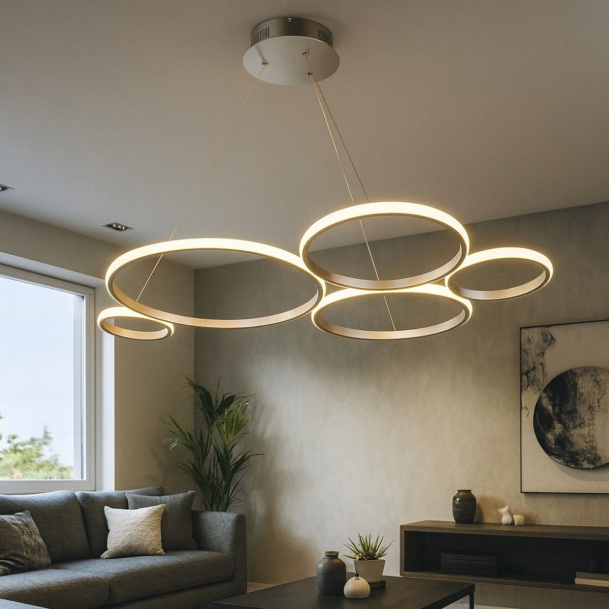 Pois lampadario sospensione cerchi LED oro/grigio argento 60W 3000K Ondaluce dimmerabile