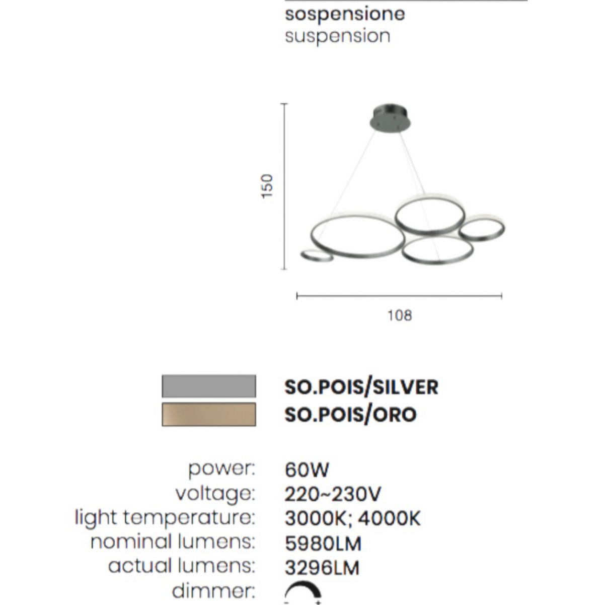 Pois lampadario sospensione cerchi LED oro/grigio argento 60W 3000K Ondaluce dimmerabile
