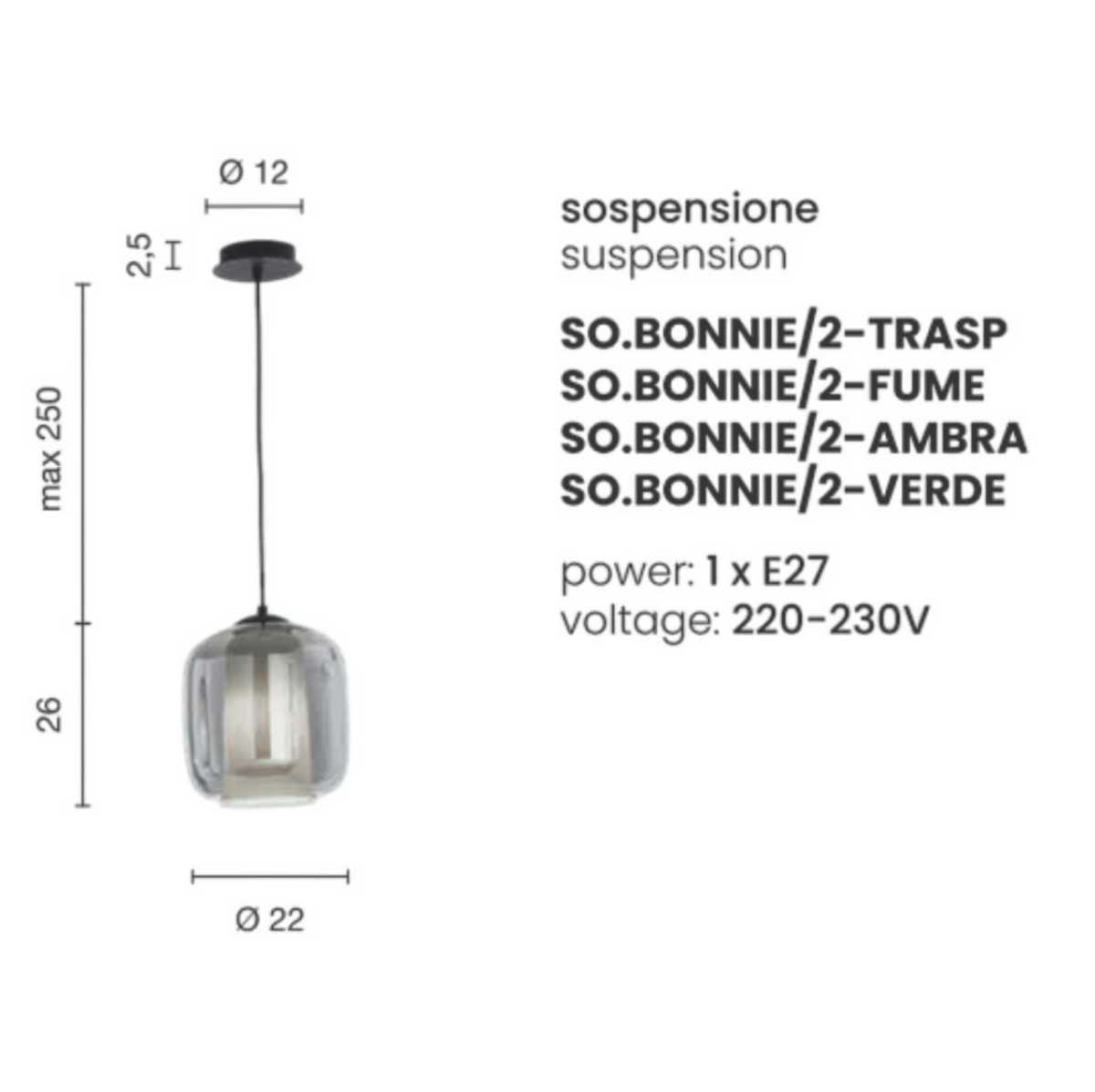 Bonnie sospensione vetro soffiato ambra E27 Ondaluce luce diretta modulare