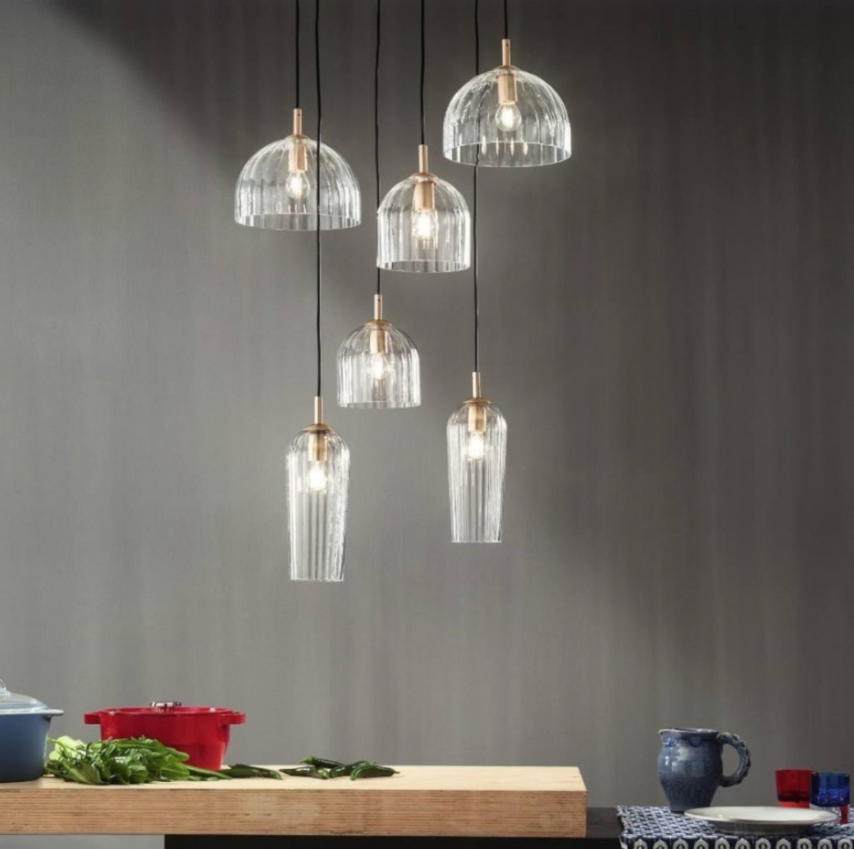 Puck lampadario sospensione 6 diffusori vetro soffiato trasparente oro E14 Ondaluce