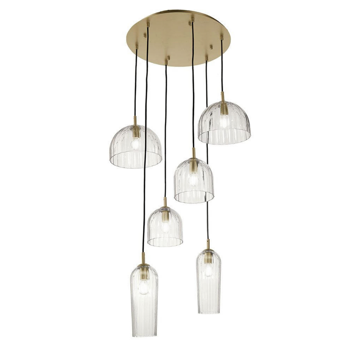 Puck lampadario sospensione 6 diffusori vetro soffiato trasparente oro E14 Ondaluce