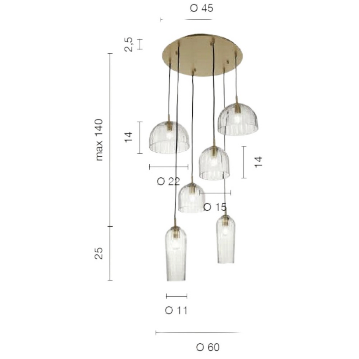Puck lampadario sospensione 6 diffusori vetro soffiato trasparente oro E14 Ondaluce