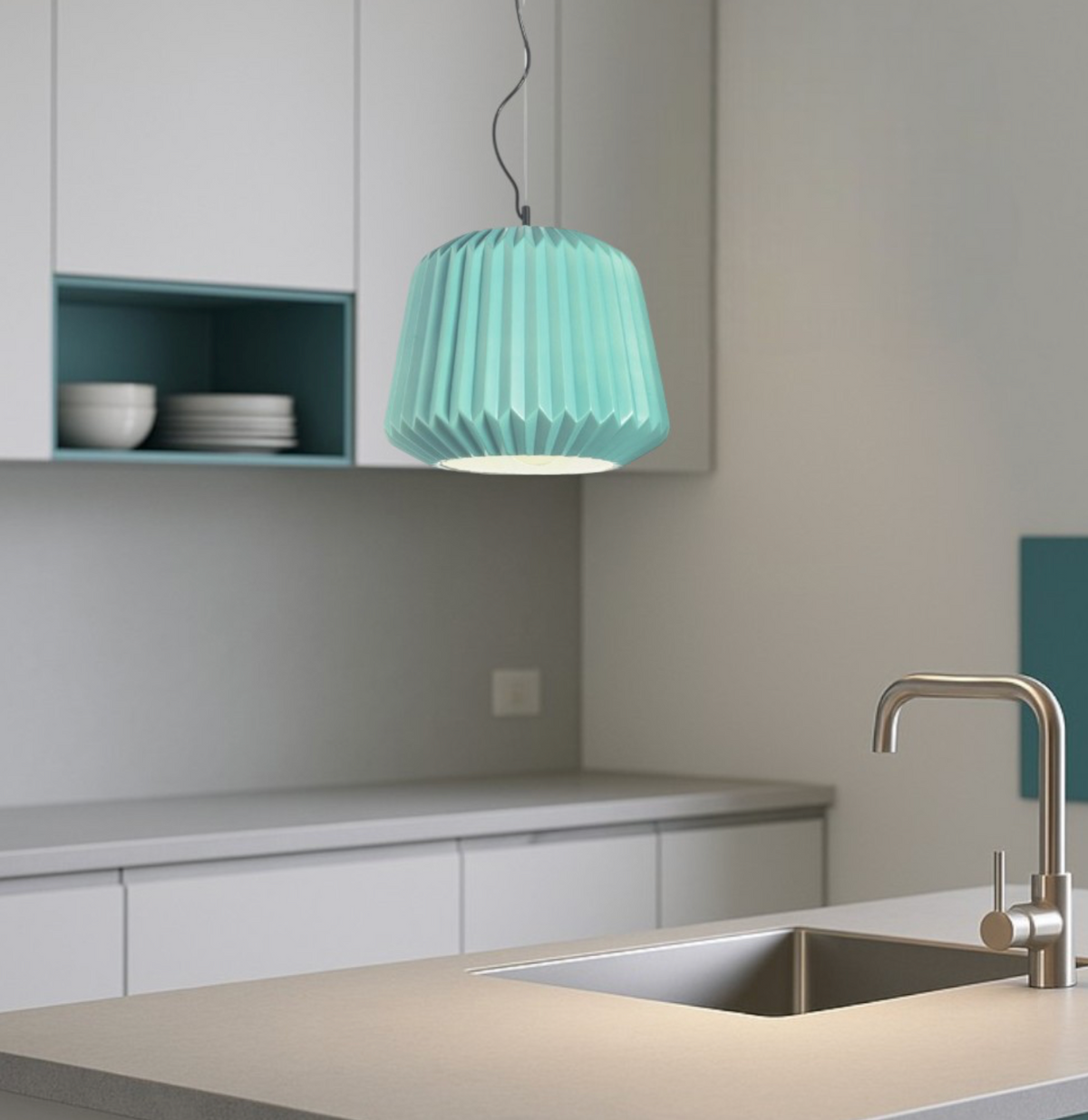 Plumcake sospensione ceramica ondulata turchese E27 Ondaluce design italiano