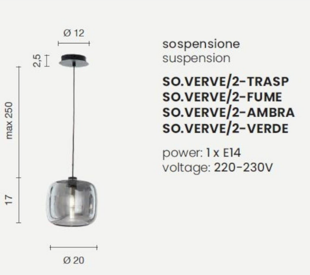 Verve 2 sospensione vetro soffiato ambra tondeggiante metallo nero Ondaluce E14 modulare