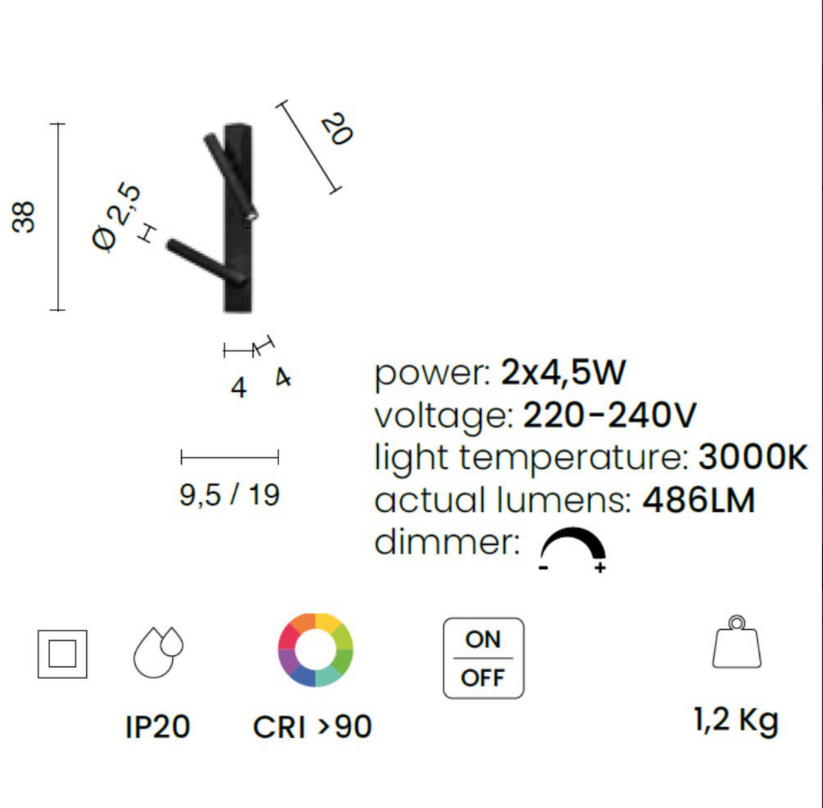Teddy applique barra verticale 2 spot metallo tortora Ondaluce LED 9W 3000K dimmerabile