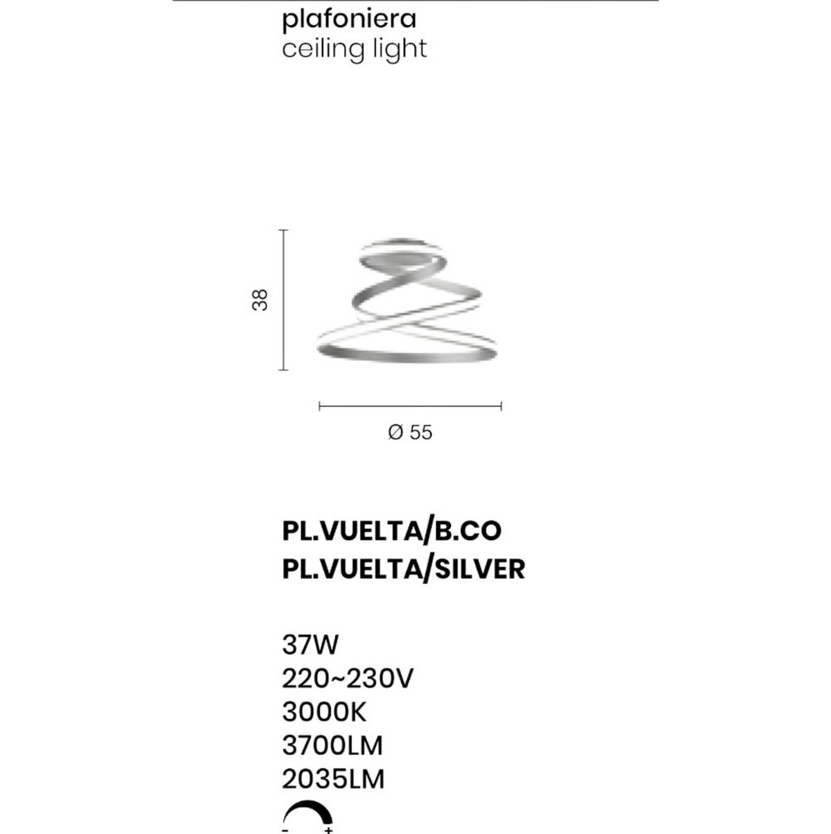 Vuelta plafoniera alluminio grigio silver satinato linea arricciata ONDALUCE LED 37W 3000K dimmerabile