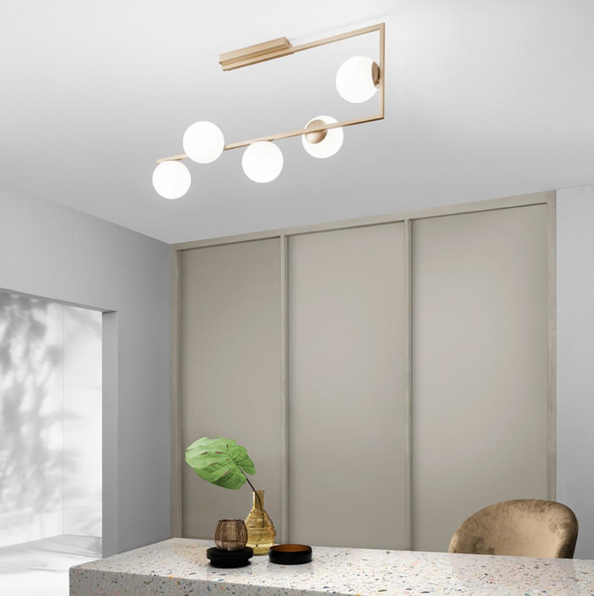 Monile plafoniera metallo vetro sfere oro Ondaluce E14 5 luci dimmerabile