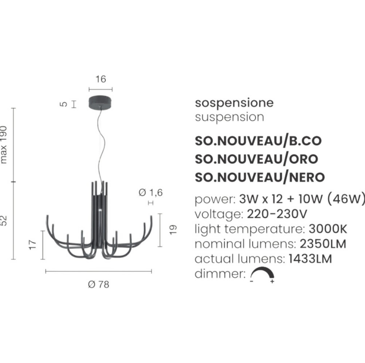 Nouveau lampadario sospensione LED metallo verniciato oro Ondaluce 46W 3000K