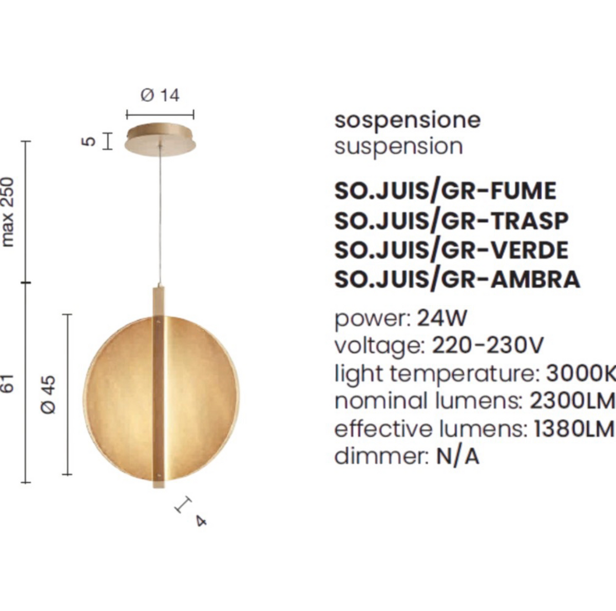 Juis sospensione cucina LED vetro texturizzato ambra metallo oro Ondaluce 24W 3000K