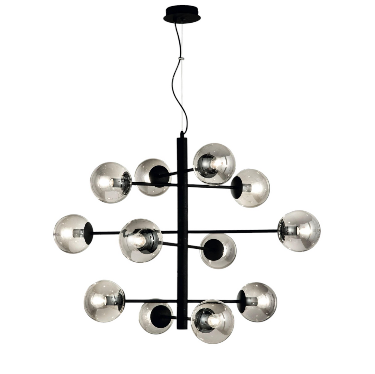 Eliseo lampadario 12 sfere vetro soffiato alluminio verniciato nero Ondaluce E14