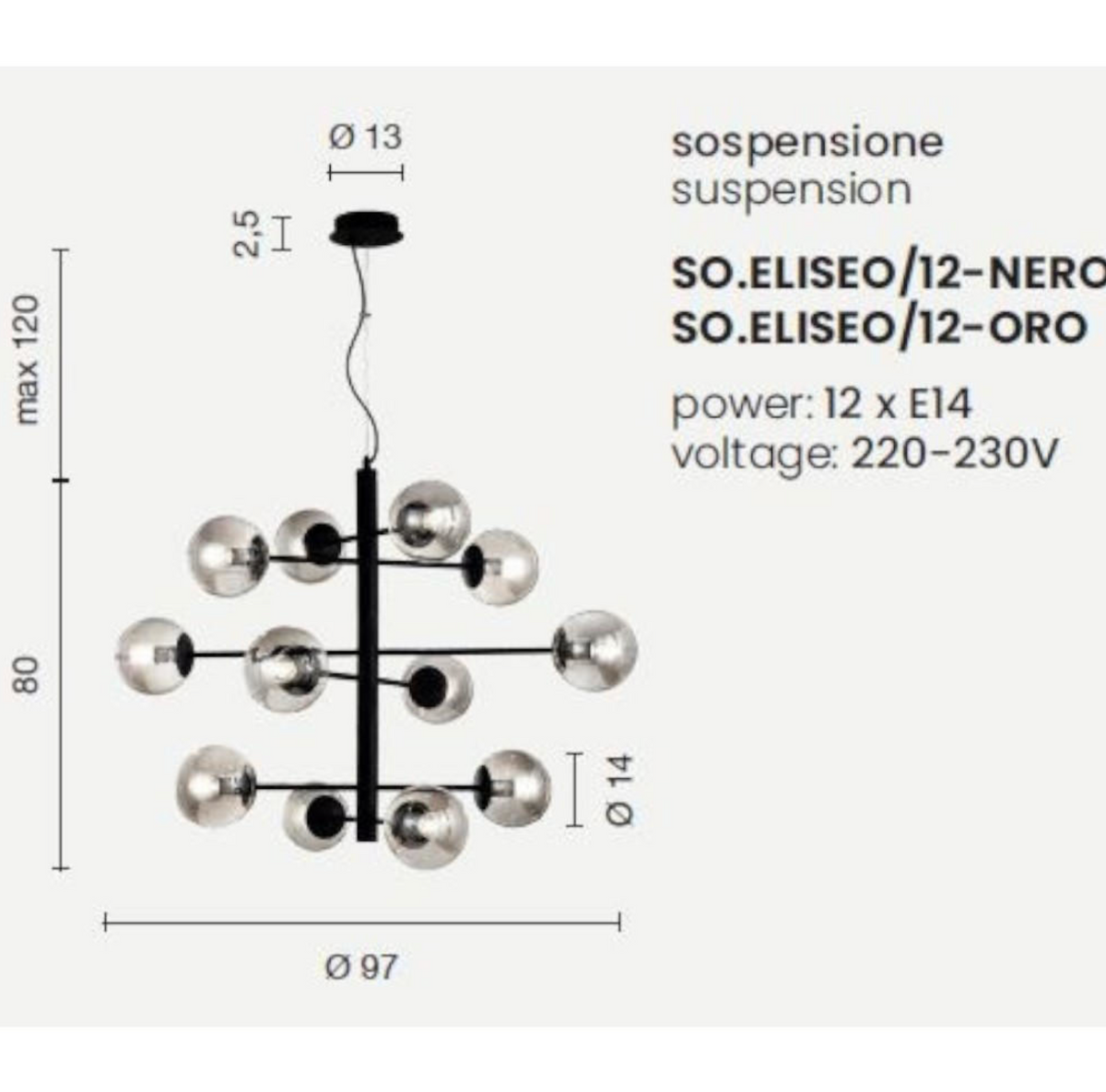 Eliseo lampadario 12 sfere vetro soffiato alluminio verniciato nero Ondaluce E14