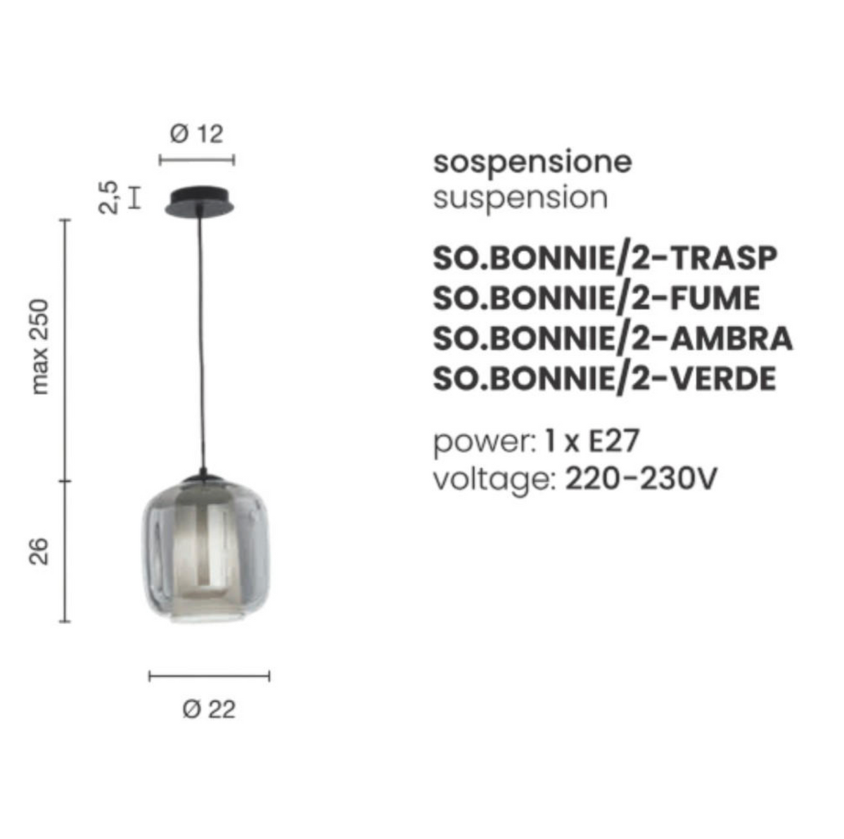 Bonnie2 sospensione vetro soffiato verde metallo nero Ondaluce E27 20W