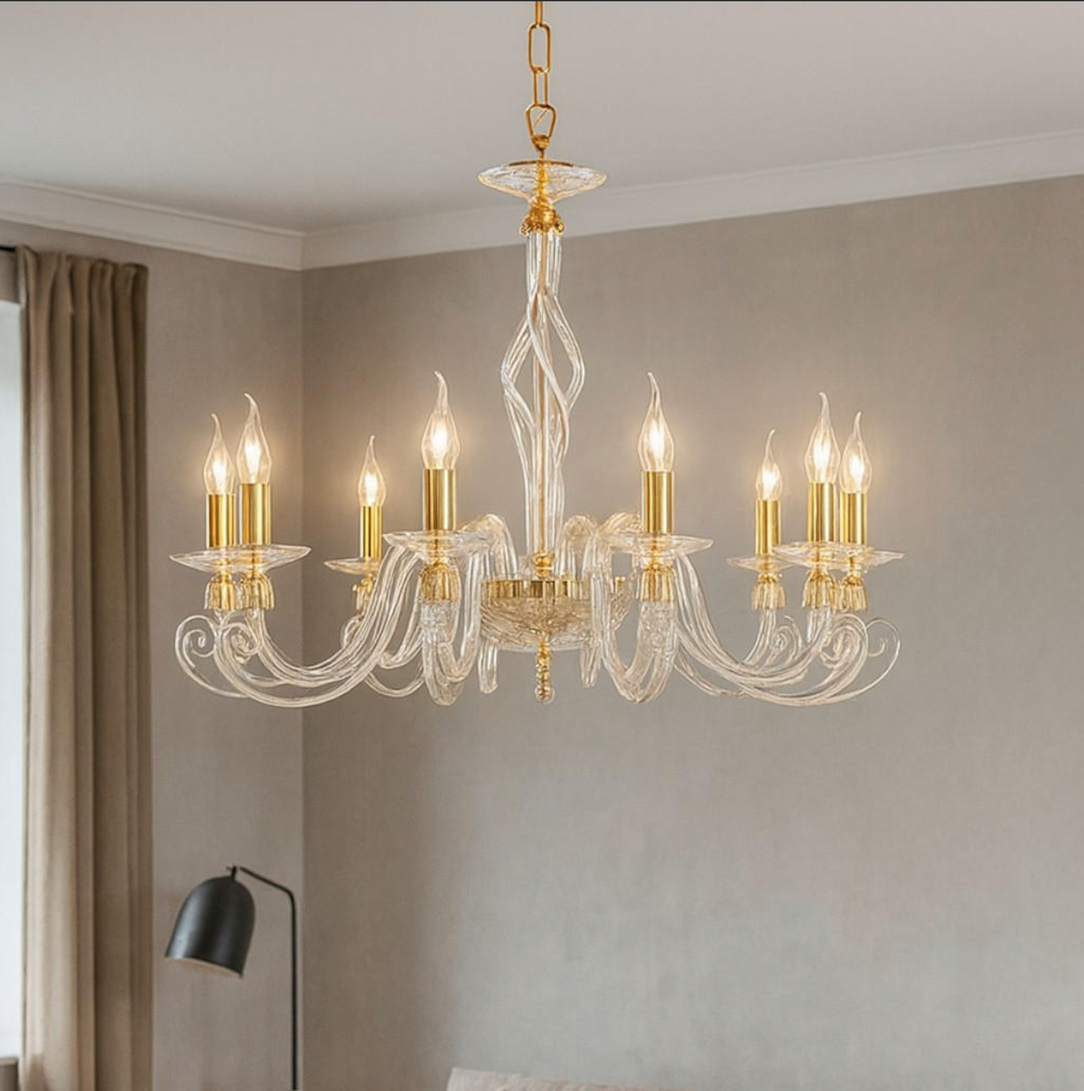 1306-8 lampadario 8 luci vetro lavorato oro ottone Ondaluce E14 10W classico