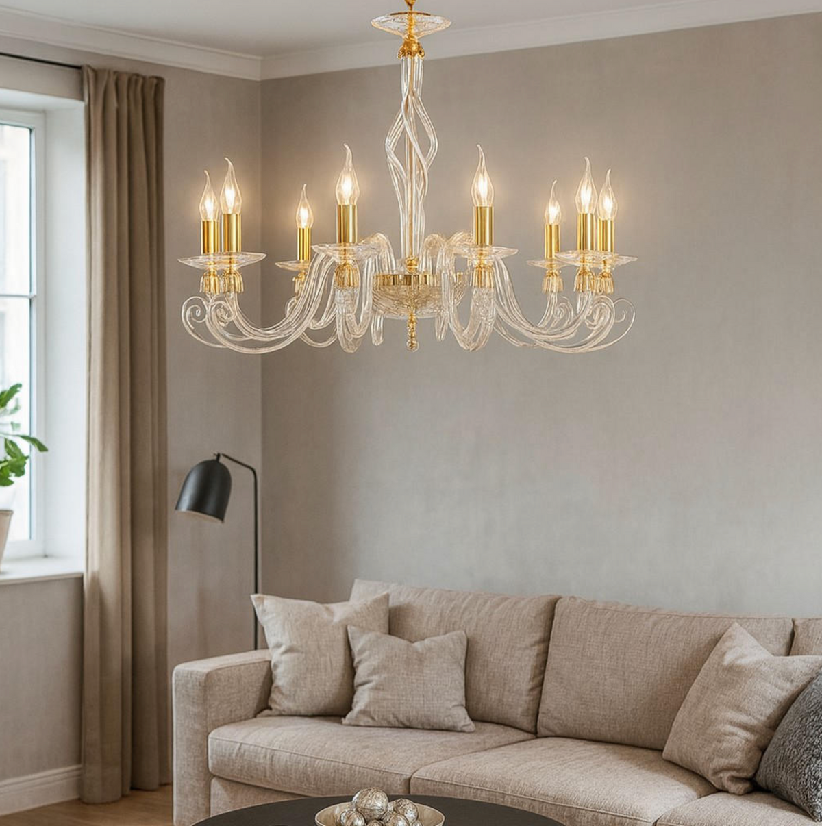 1306-8 lampadario 8 luci vetro lavorato oro ottone Ondaluce E14 10W classico