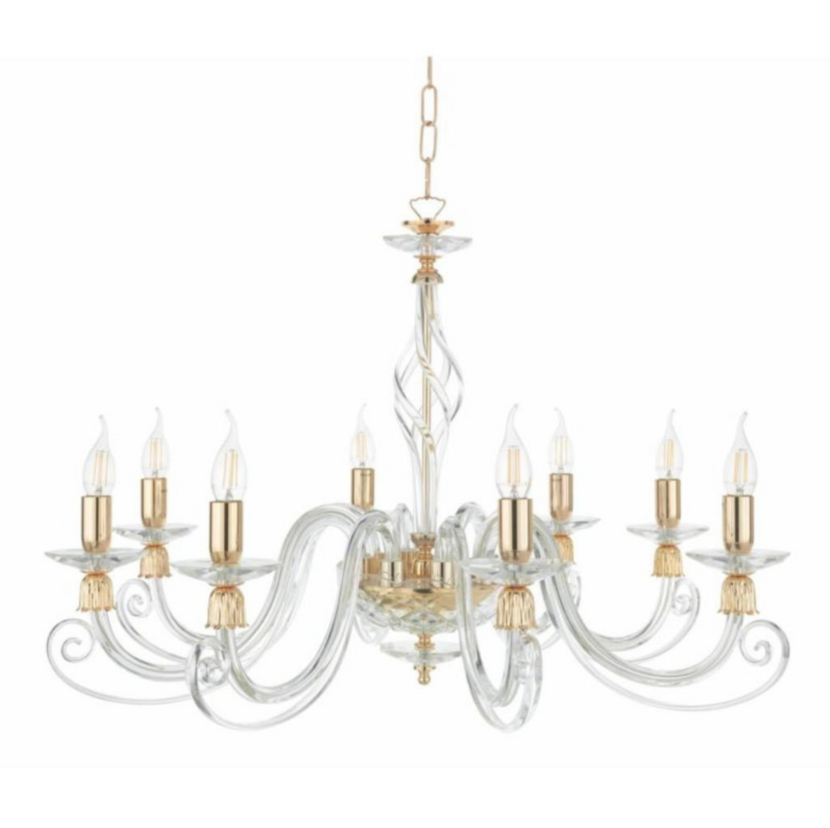 1306-8 lampadario 8 luci vetro lavorato oro ottone Ondaluce E14 10W classico