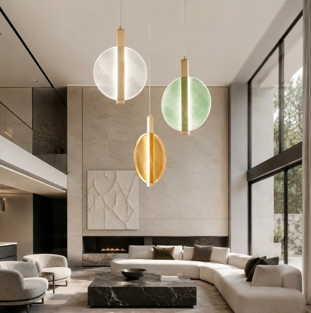 Juis-3 lampadario 3 diffusori vetro texturizzato ambra verde metallo dorato Ondaluce LED 56W 3000K dimmerabile