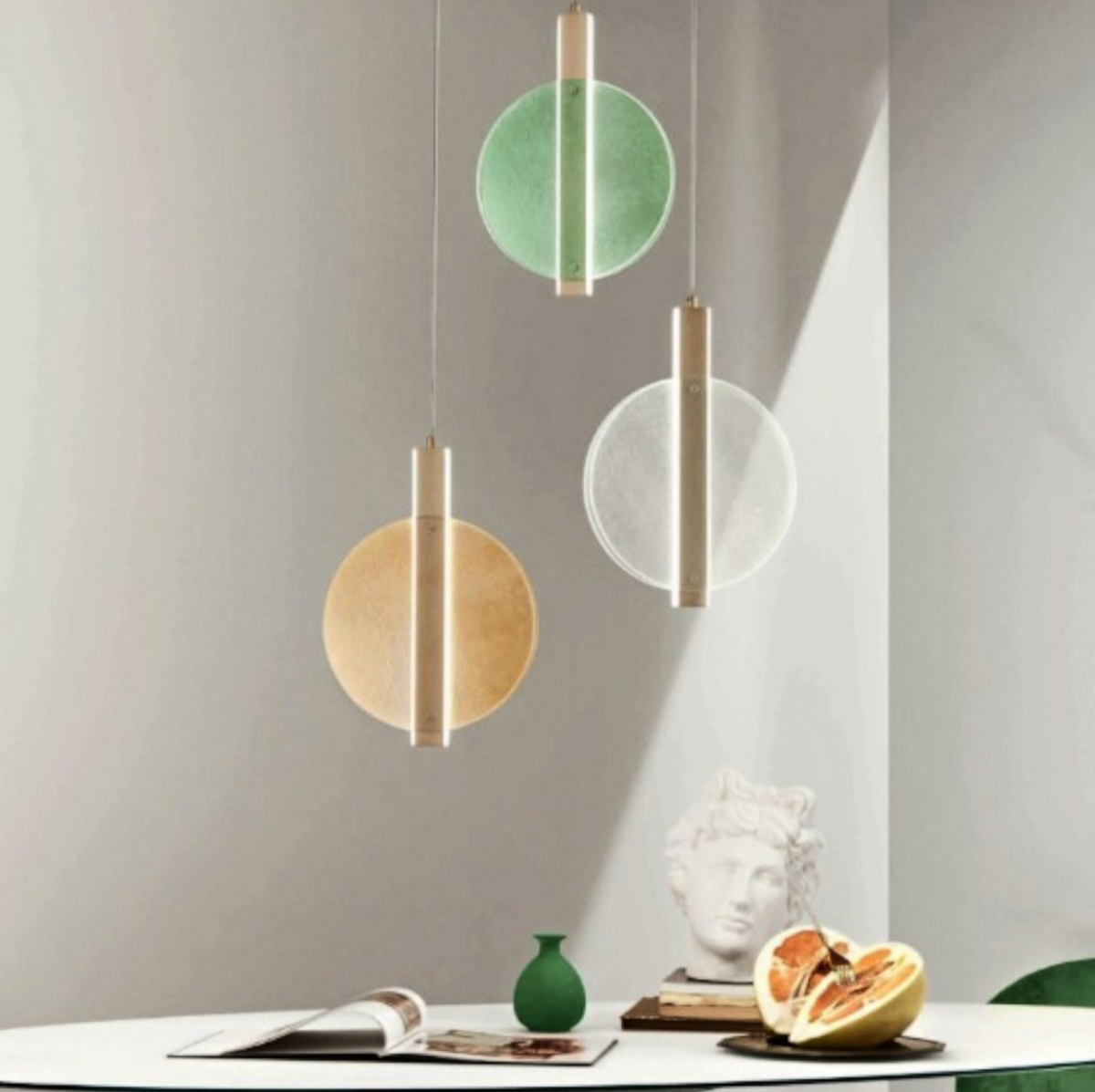 Juis-3 lampadario 3 diffusori vetro texturizzato ambra verde metallo dorato Ondaluce LED 56W 3000K dimmerabile