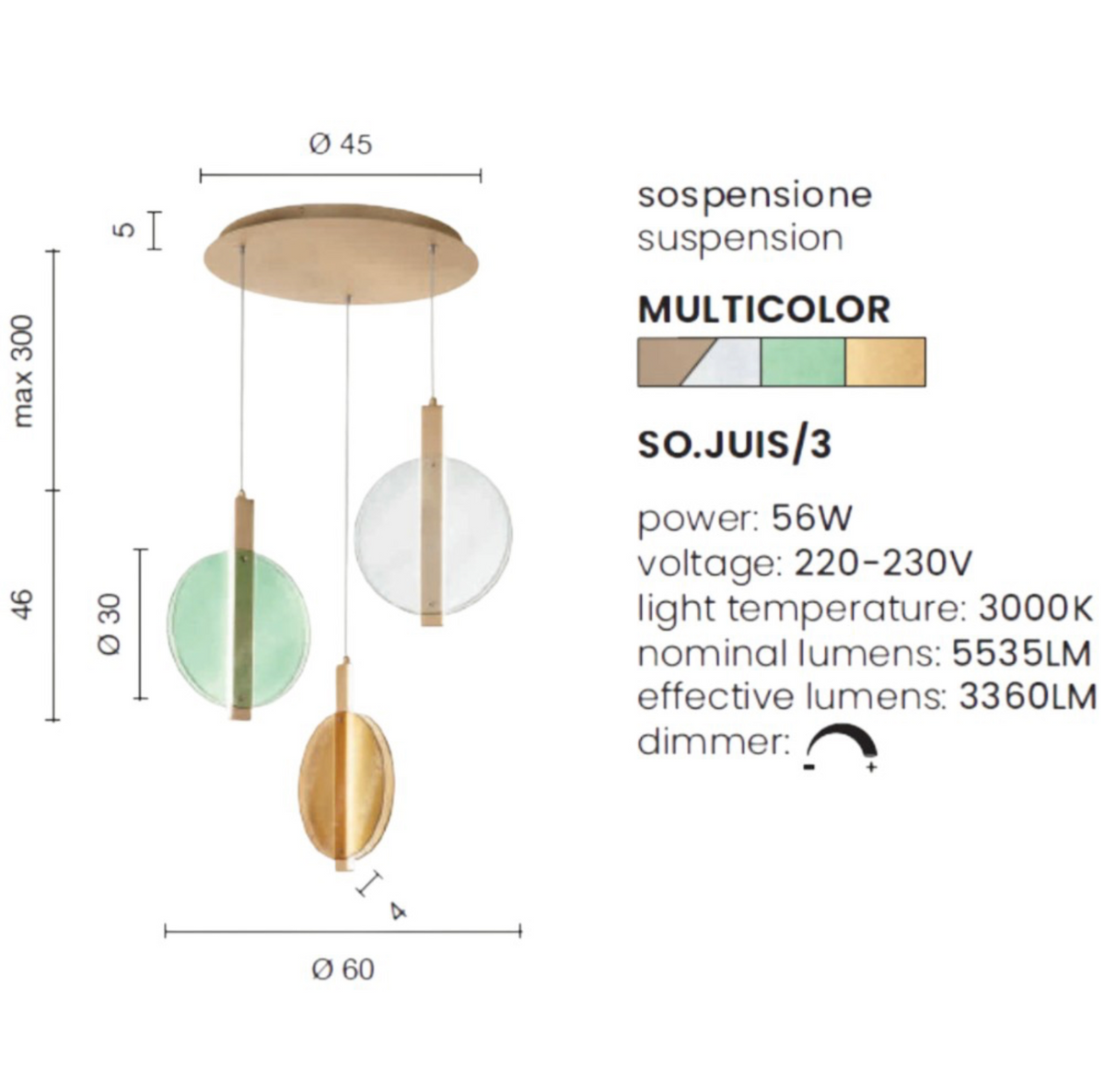 Juis-3 lampadario 3 diffusori vetro texturizzato ambra verde metallo dorato Ondaluce LED 56W 3000K dimmerabile