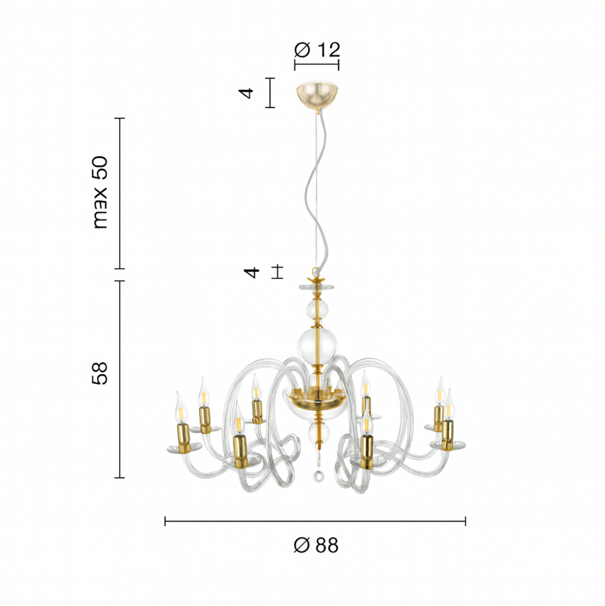 Vivaldi-8 lampadario classico 8 luci vetro blu ottanio ottone Ondaluce E14 10W